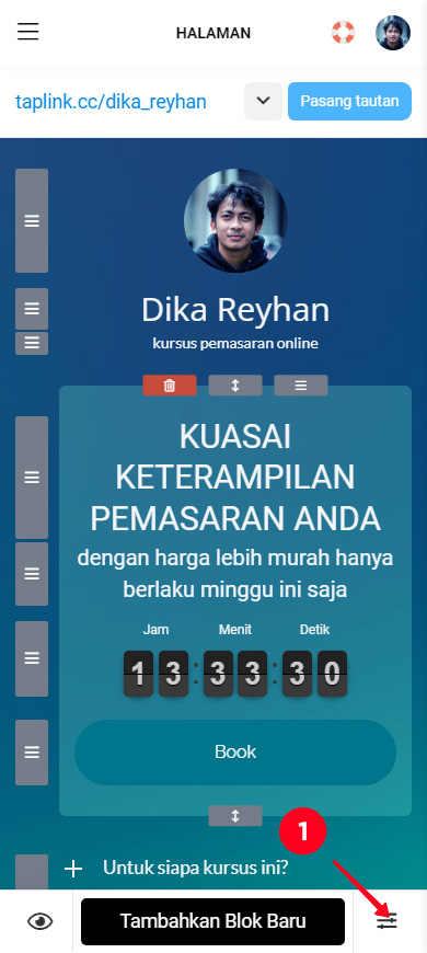 Mengetuk pengaturan di editor Taplink