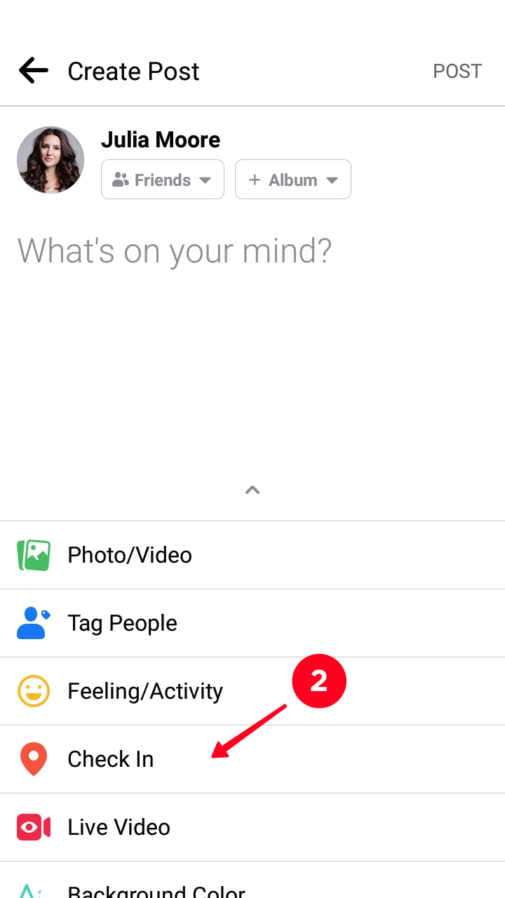 Elegir 'Registrarse' en el menú de publicación de Facebook