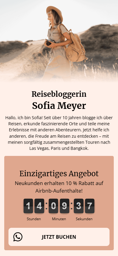 Der obere Teil des Beispiels der mit dem Taplink AI Link-in-Bio-Tool erstellten und angepassten Seite