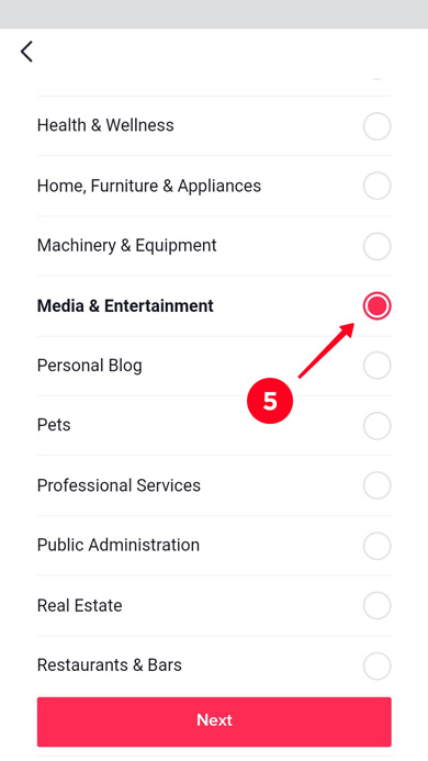 Selecting the Media & Entertainment option on the list of TikTok business account categories