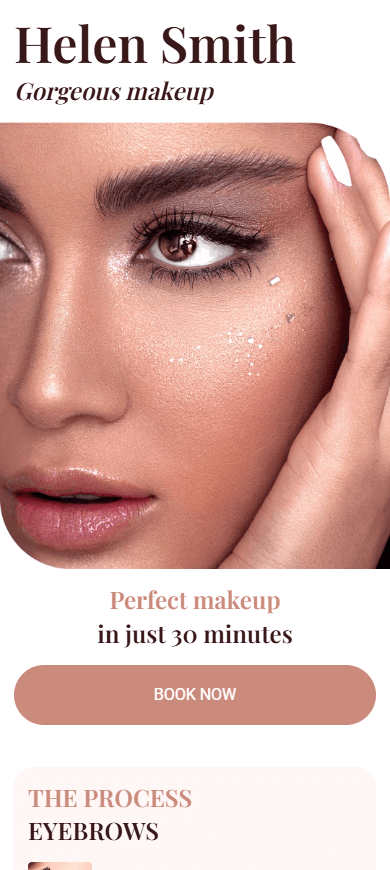 A picture and the book button on a makeup artist link in bio page