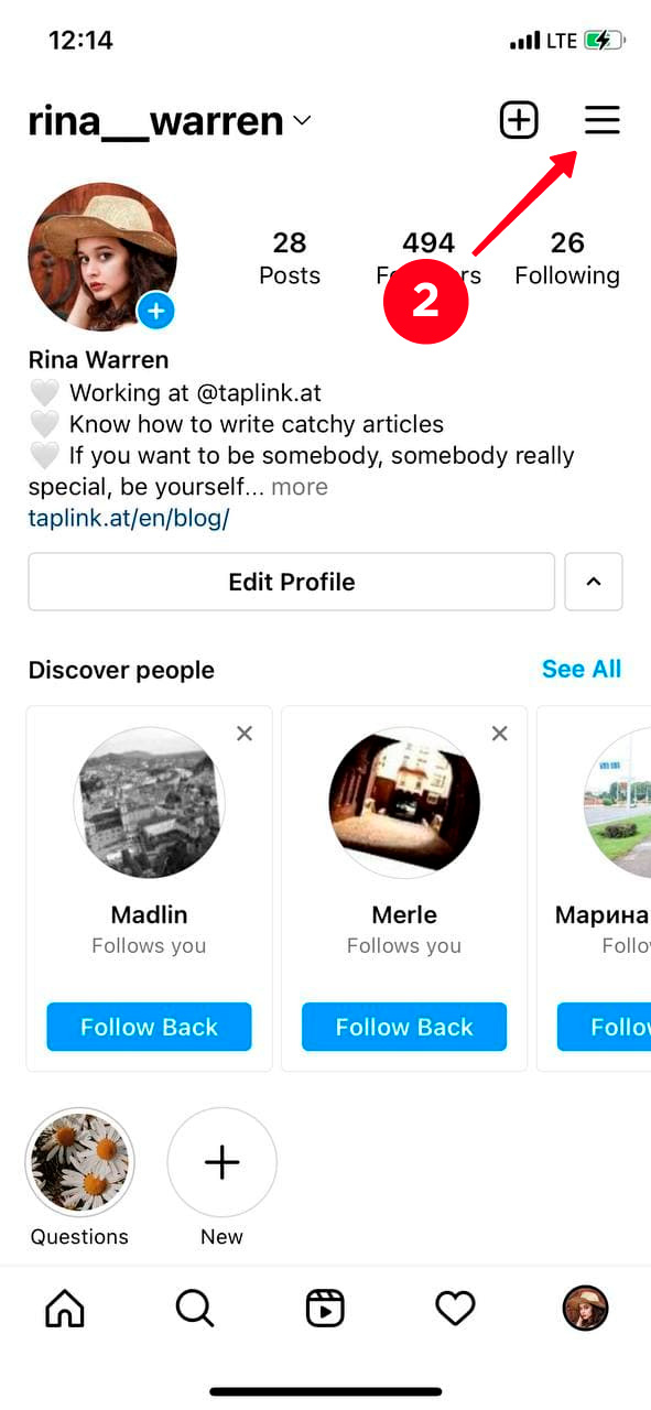 Tapping the three bar icon on an Instagram profile page
