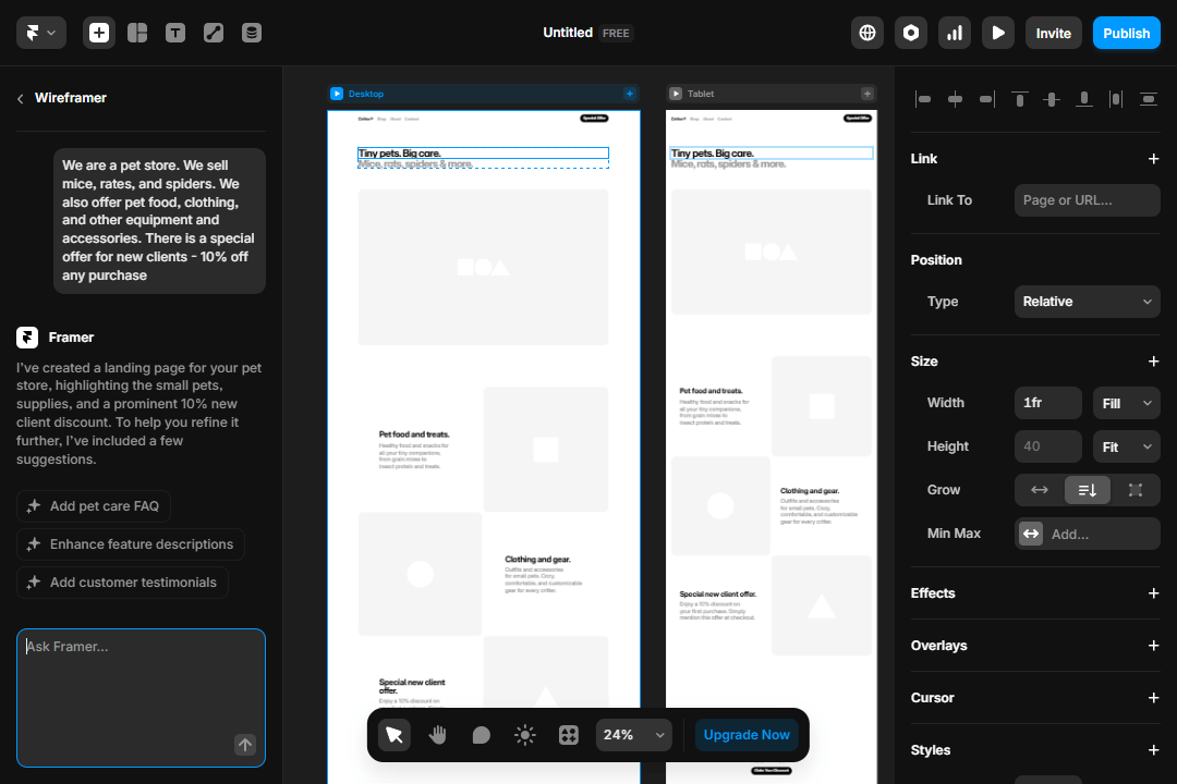 A website editor page in the Framer AI website builder