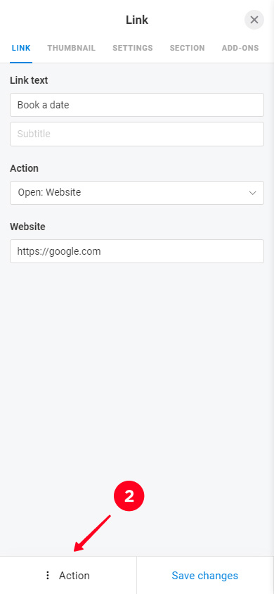 Tapping Action in the Link block settings