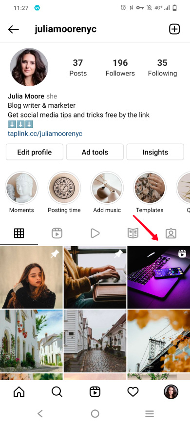 Highlighted pinned reel in the Instagram profile grid