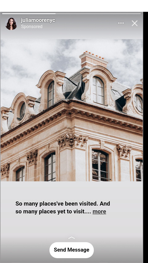 Boosted Instagram post with the Send Message button in the Stories