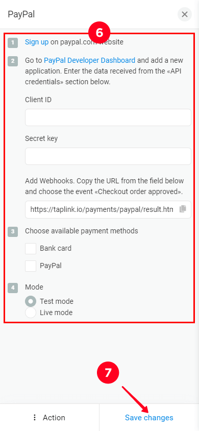 Entering data in the PayPal form and tapping Save changes in the Taplink Settings tab
