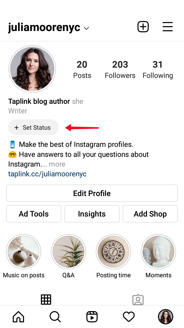 Highlighted Set Status button on an Instagram profile page