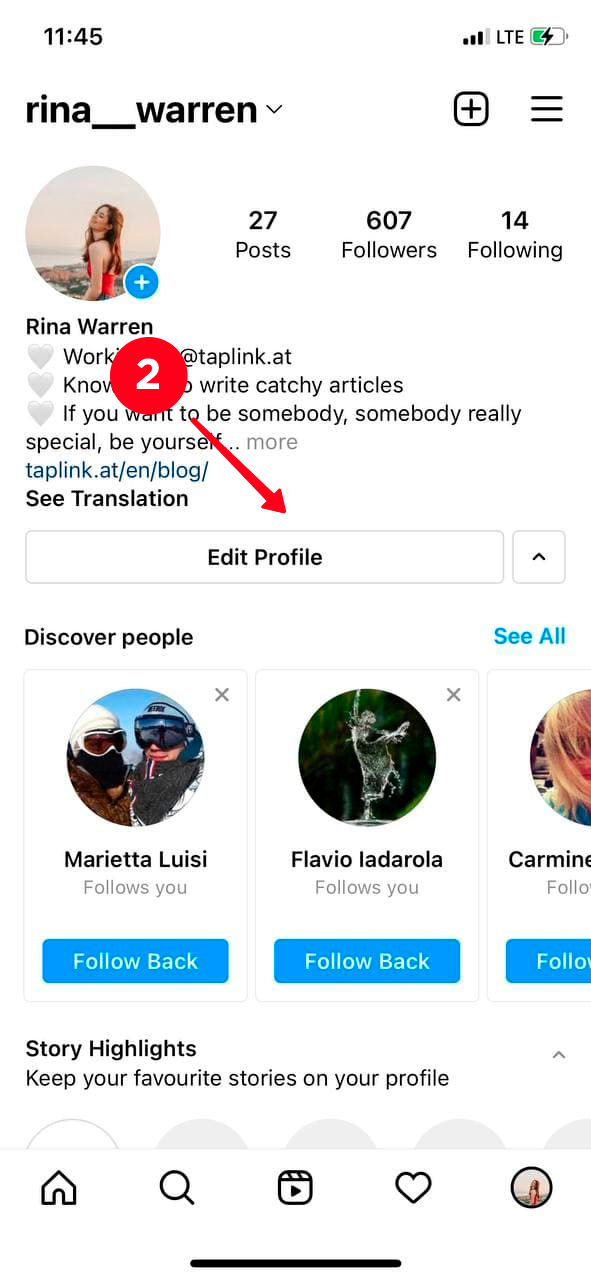 Tapping Edit profile on an Instagram page on an iPhone