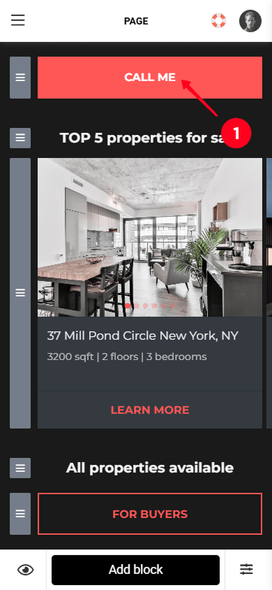 Tapping the call me button in the real estate website editor
