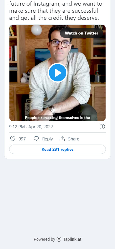 Tweet widget added to a Taplink page as an HTML block with an embed code
