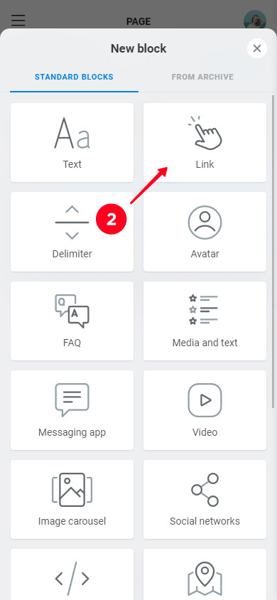 Choosing Link on the list of Taplink blocks