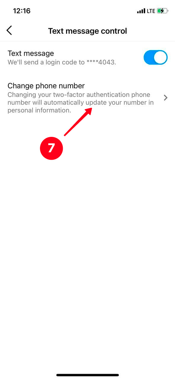 Tapping Change phone number in the Instagram settings
