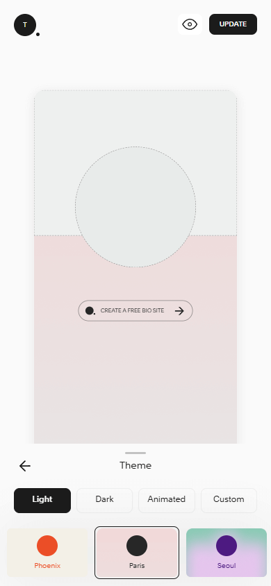 Tiga tema desain tersedia di Bio Sites Squarespace.
