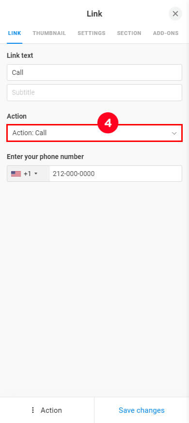 Tapping the Action field on the Link setting page in Taplink