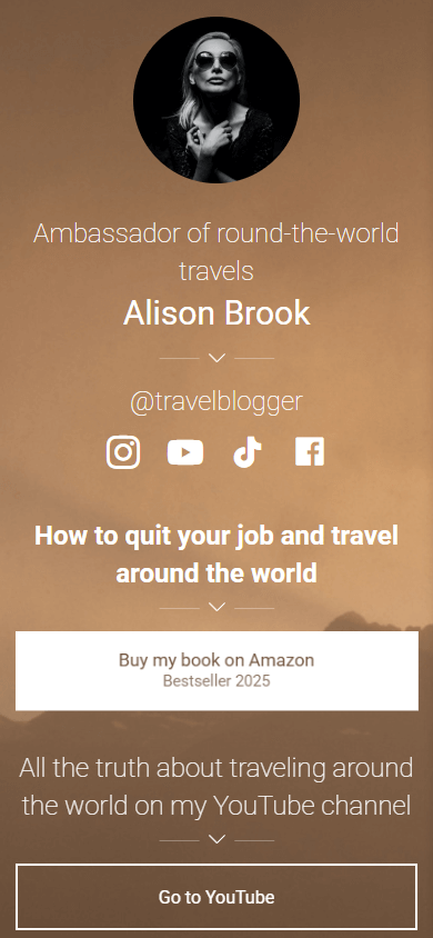 Travel blogger Taplink landing page featuring a profile image, text, social links, and Amazon and YouTube buttons