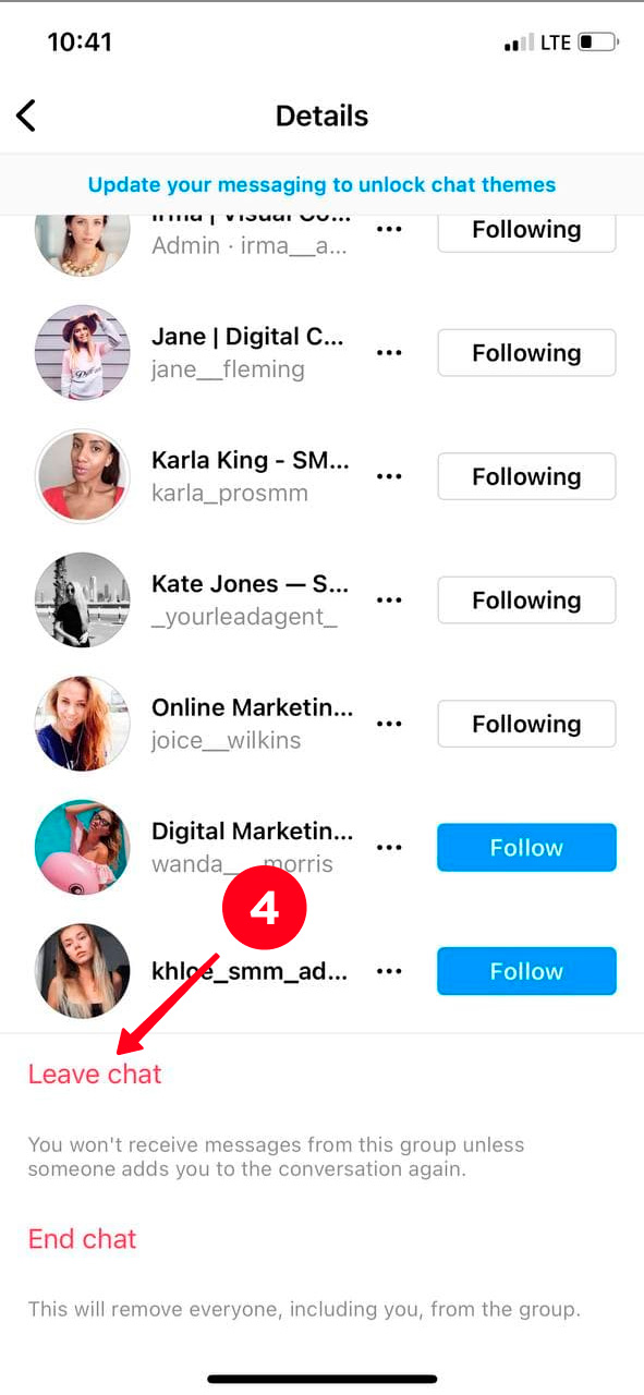 Tapping Leave chat under a list of the Instagram group members