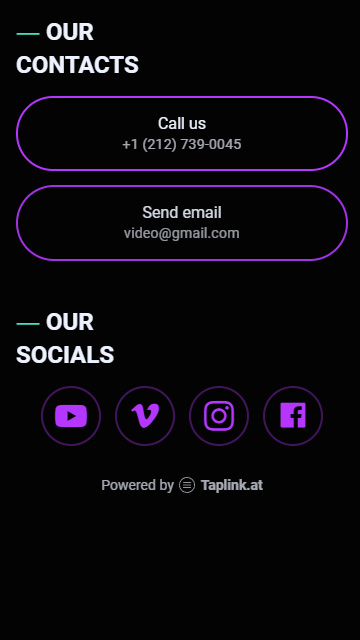 Kontaktbereich auf einer mit Taplink erstellten Website eines Videografen