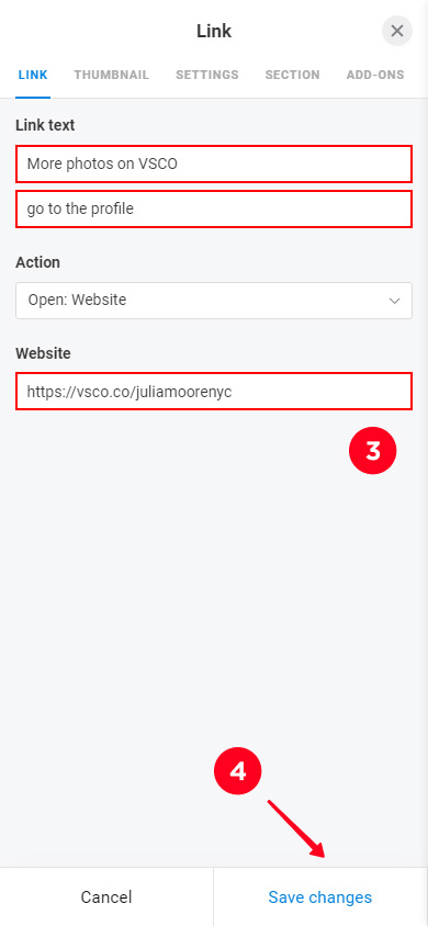 Adding the main and secondary button text and a website link, and saving the block changes
