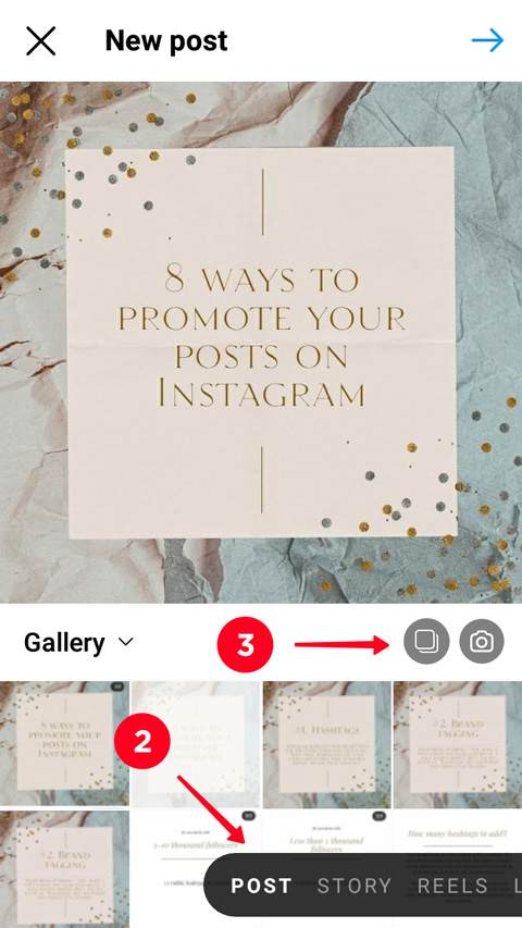 Choosing Post and tapping Select Multiple in the Instagram posting menu