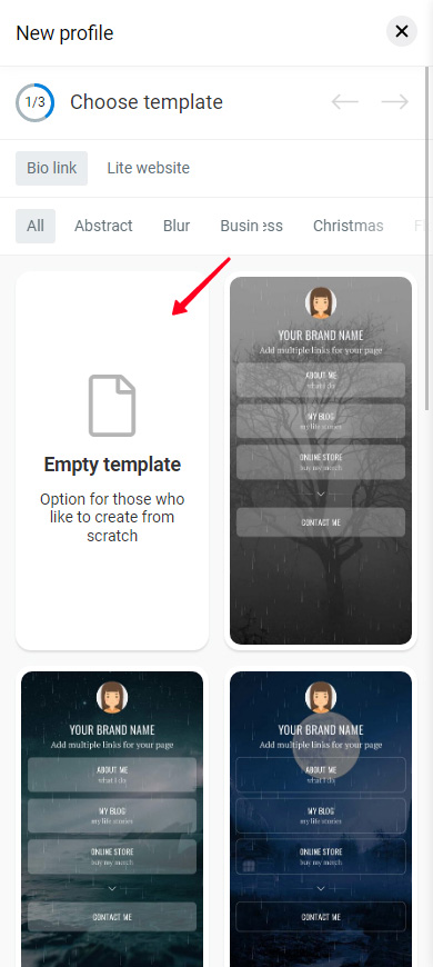 Choosing Empty template in the Taplink library