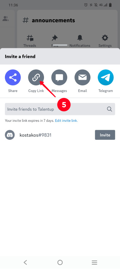 Choosing Copy Link on the list of Discord sharing options