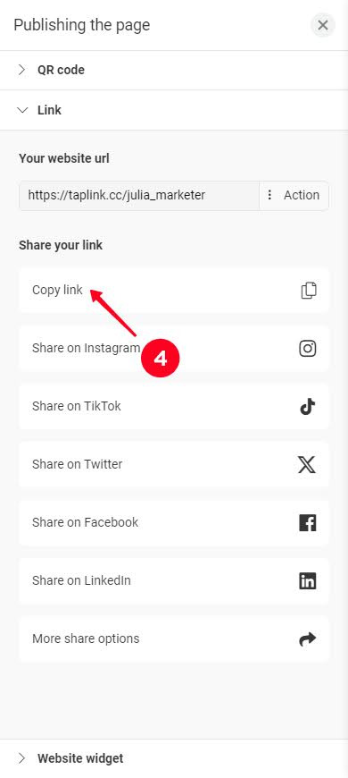 Menyalin tautan kartu nama di menu penerbitan Taplink