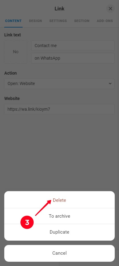 Selecting Delete on the list of button options