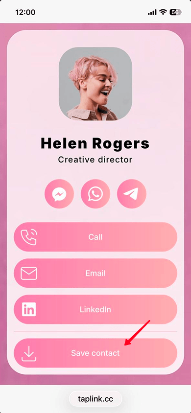 Digital business card displayed in the phone browser with the Save contact button highlighted