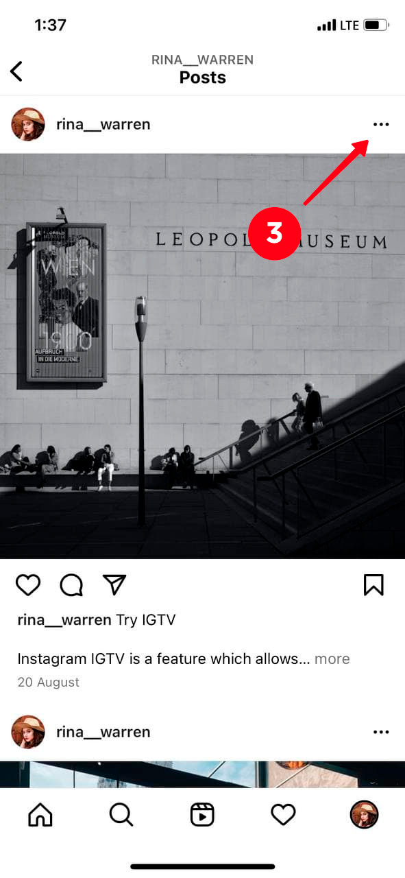 Tapping the three dots button above a photo of an Instagram post