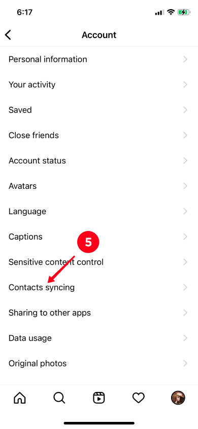 Choosing Contact syncing in the Instagram Account settings