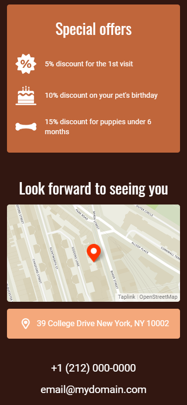 Sezioni dedicate alle offerte speciali e alla mappa su una pagina Taplink del profilo TikTok di un salone per animali