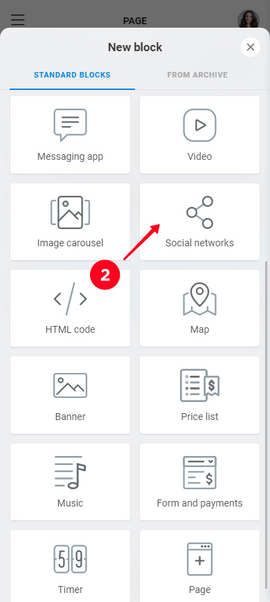 Choosing Social networks on the list of Taplink blocks