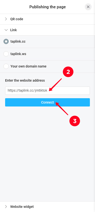Writing the unique part of the page URL and tapping the Connect button