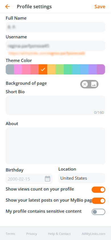 Link in bio page settings in AllMyLinks