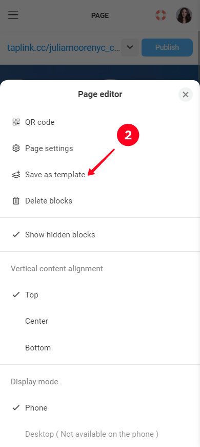 Choosing Save as template in the Taplink profile menu
