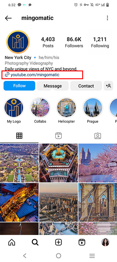 Highlighted YouTube link in the Instagram bio of a photography brand