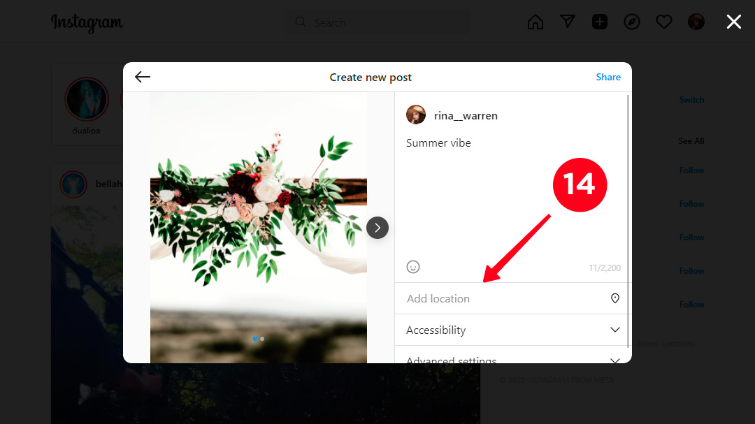 Adding a location when posting to Instagram on a computer