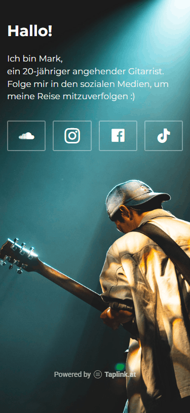 Link-in-Bio eines Gitarristen, erstellt mit Taplink