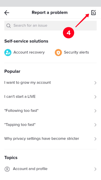 Tapping the feedback icon in the Report a problem menu