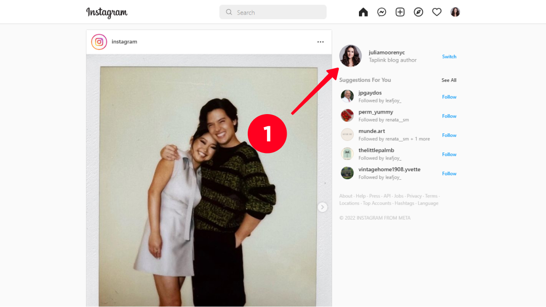 Tapping the profile photo on the Instagram home page on a desktop