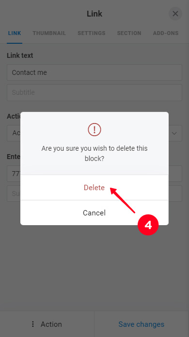 Confirmation of the Link block deletion from the Taplink page for an Instagram bio