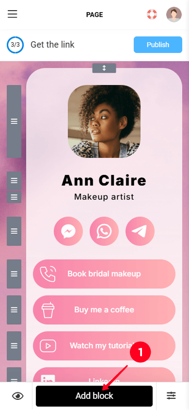 Tapping the Add block button in the Taplink link tree editor