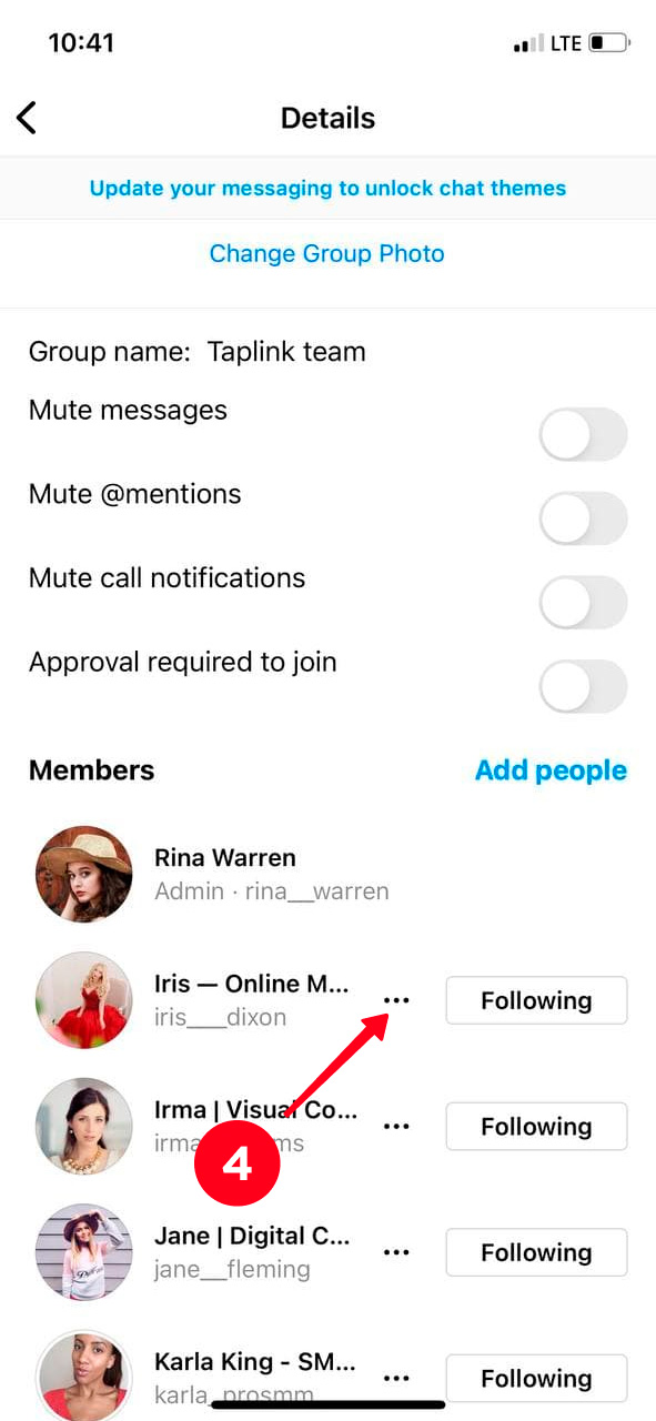 Tapping the three dots near a username on the list of Instagram group chat members
