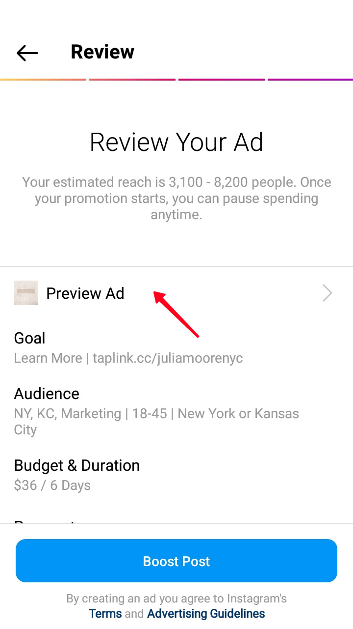 Highlighted Preview Ad button in the Instagram app