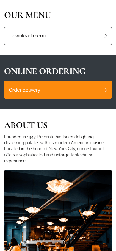 Second part of the Taplink-built cafe bio link page with headlines, text, buttons, and an image