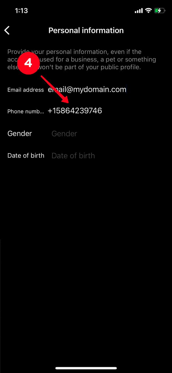 Tapping the Phone number field in the Personal information settings