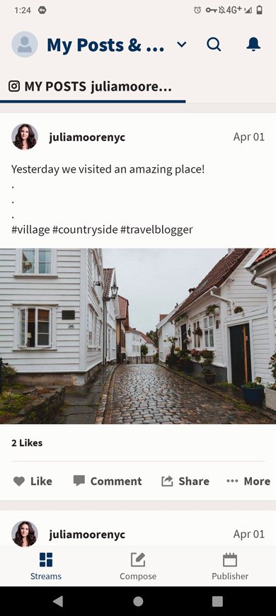 Posts from an Instagram profile in the Hootsuite app