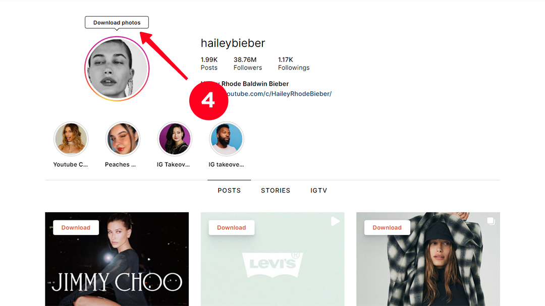 Tapping Download photo above the profile image of an Instagram profile