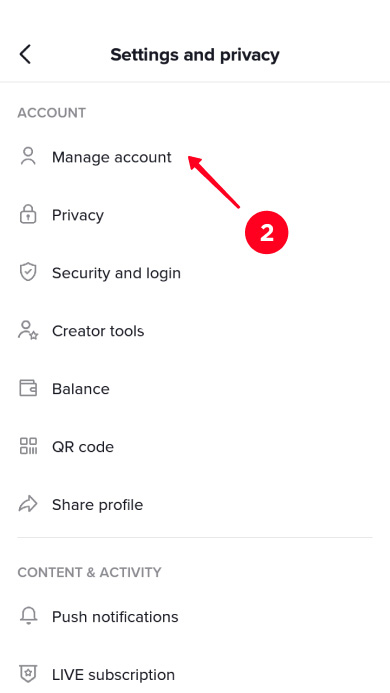 Choosing Manage account settings on the list
